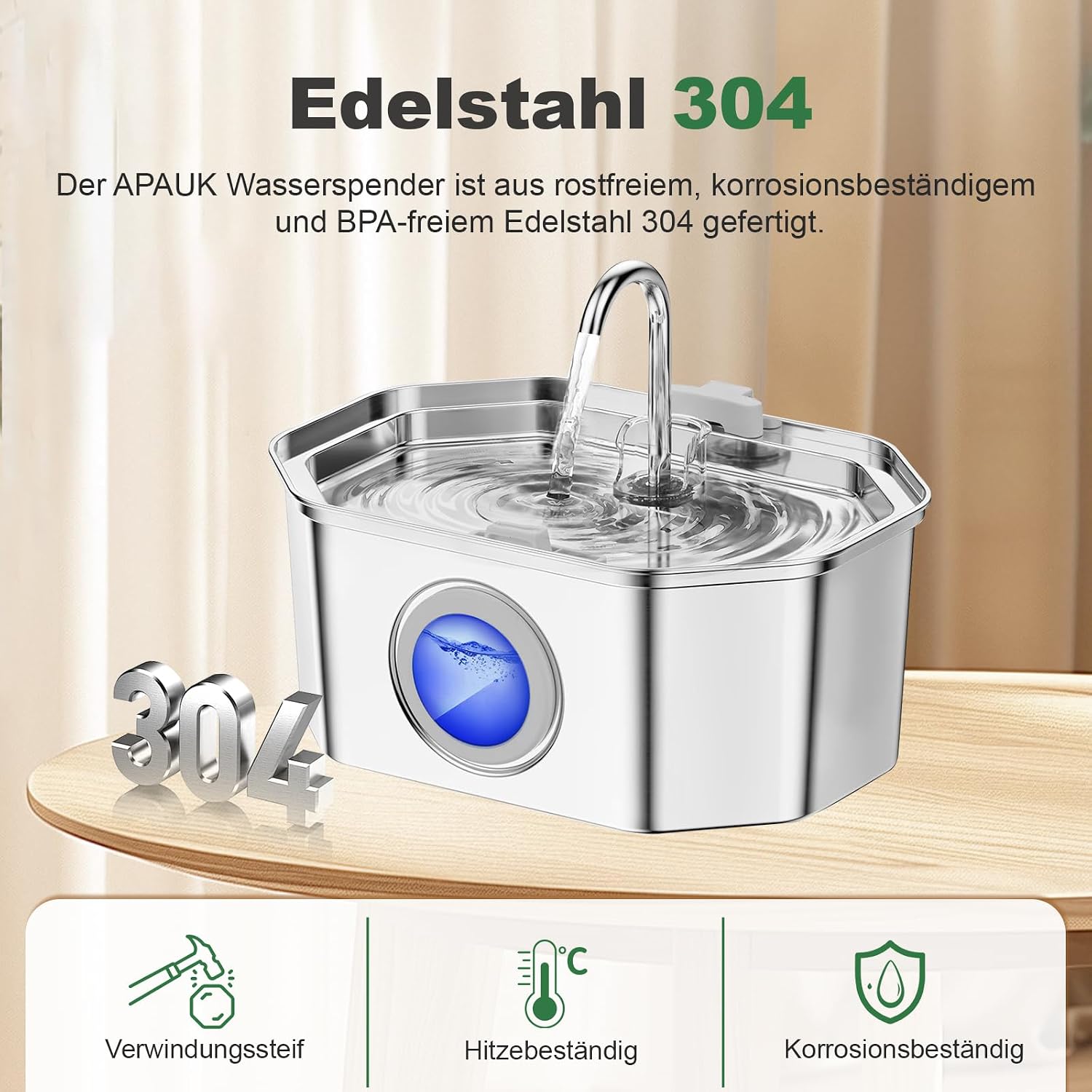 Apauk Trinkbrunnen aus Edelstahl 3,2L leise mit LED-Fenster A-2 Filter & 2 Schwae