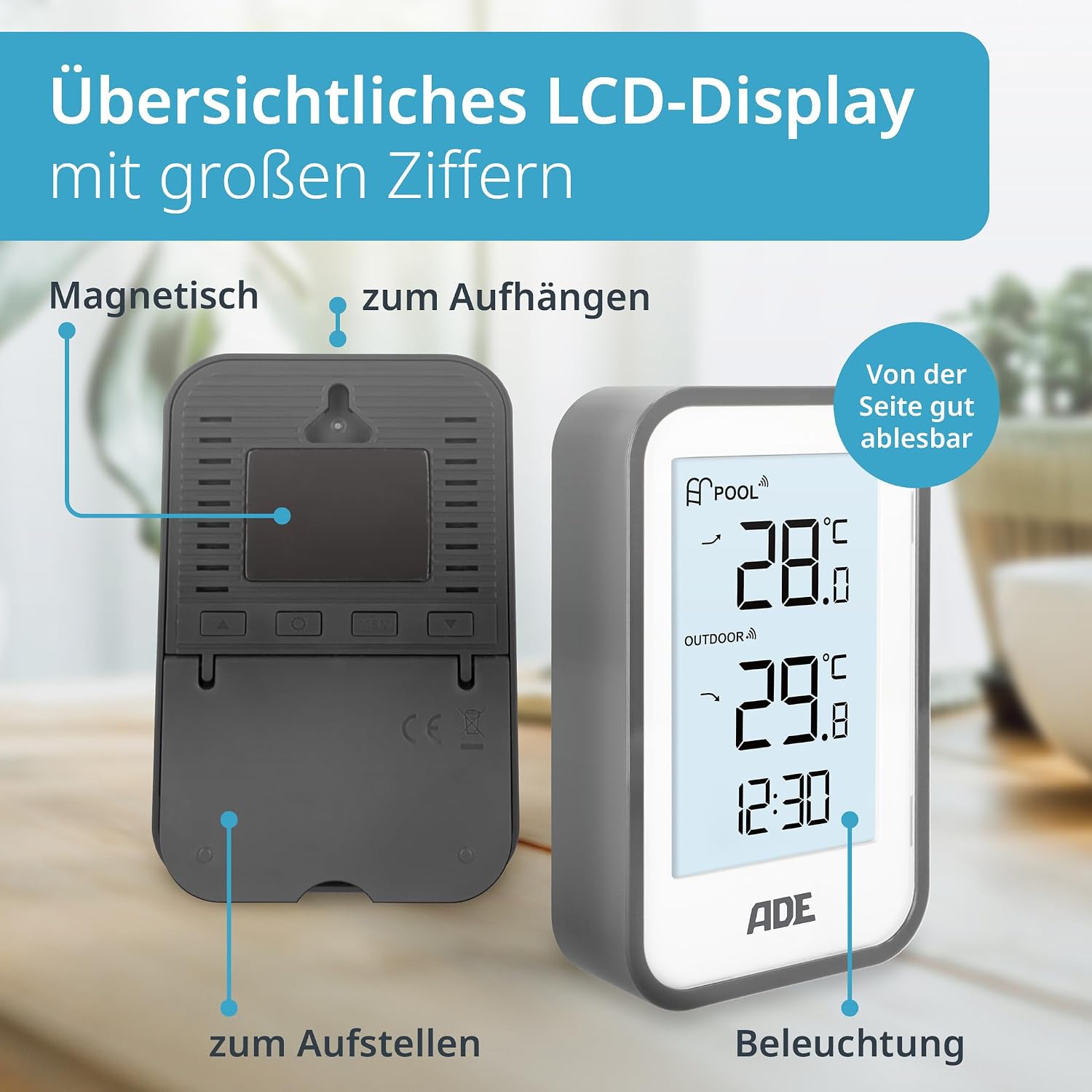 ADE schwimmendes Poolthermometer mit Aussensensor fuer Pool Whirlpool Teich