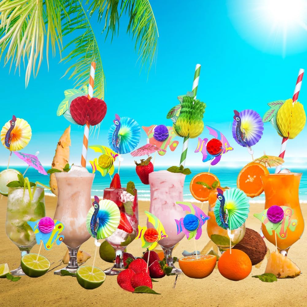 80-teiliges Cocktail Deko-Set Schirmchen Strohhalme Wunderkerzen