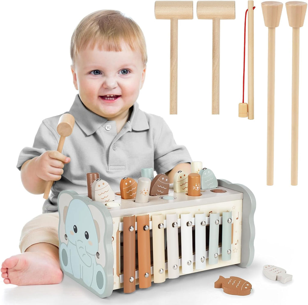 DINORUN Montessori Hammerspiel aus Holz Xylophon Motorikspielzeug ab 1 Jahr Gesc