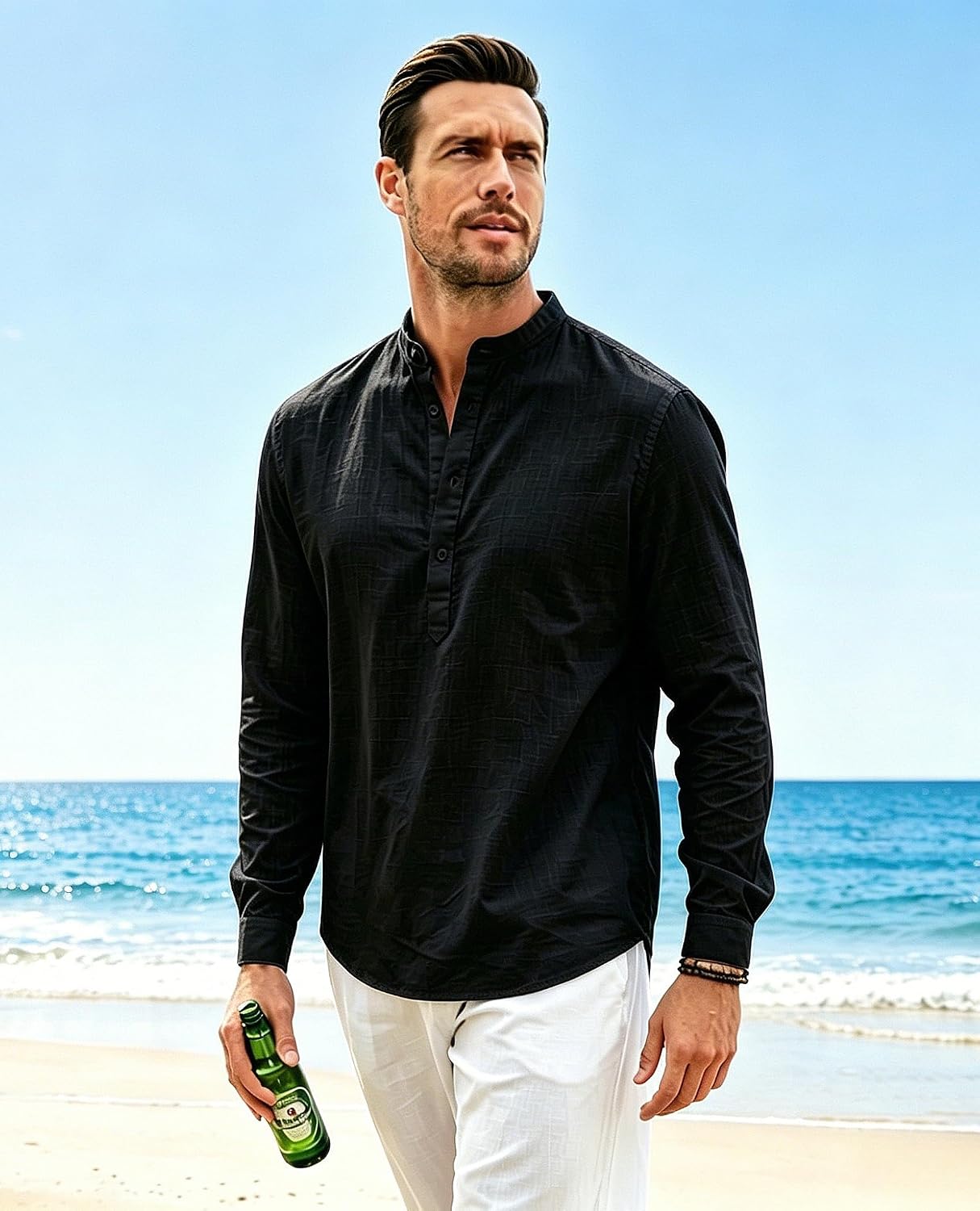Cegerne Herren Leinenhemd Langarm Henley Sommerhemd Freizeit Strand S-3XL