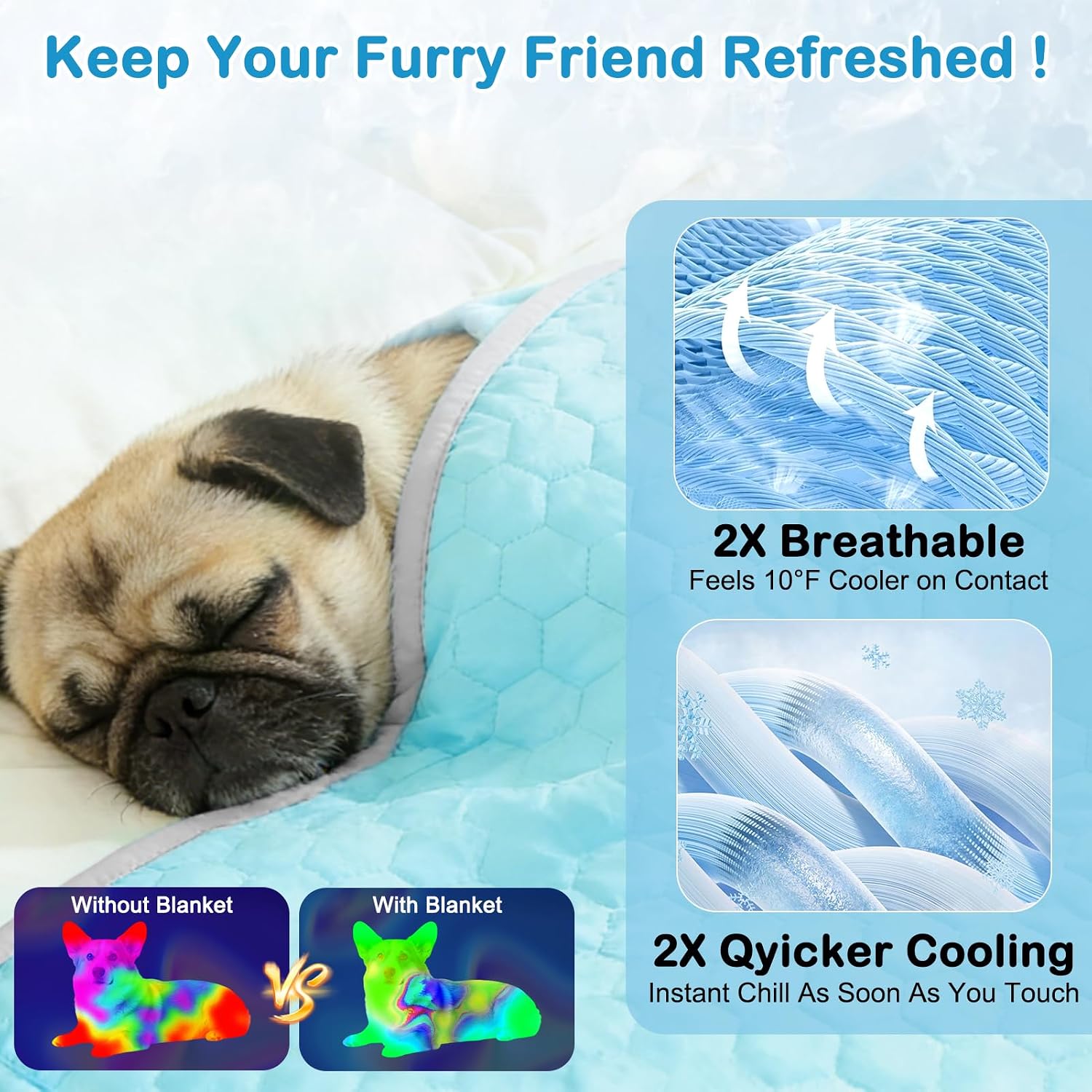 Vivifying Kuehlmatte fuer Hunde 101 x 76 cm wendbar mit Pluesch-Rueckseite