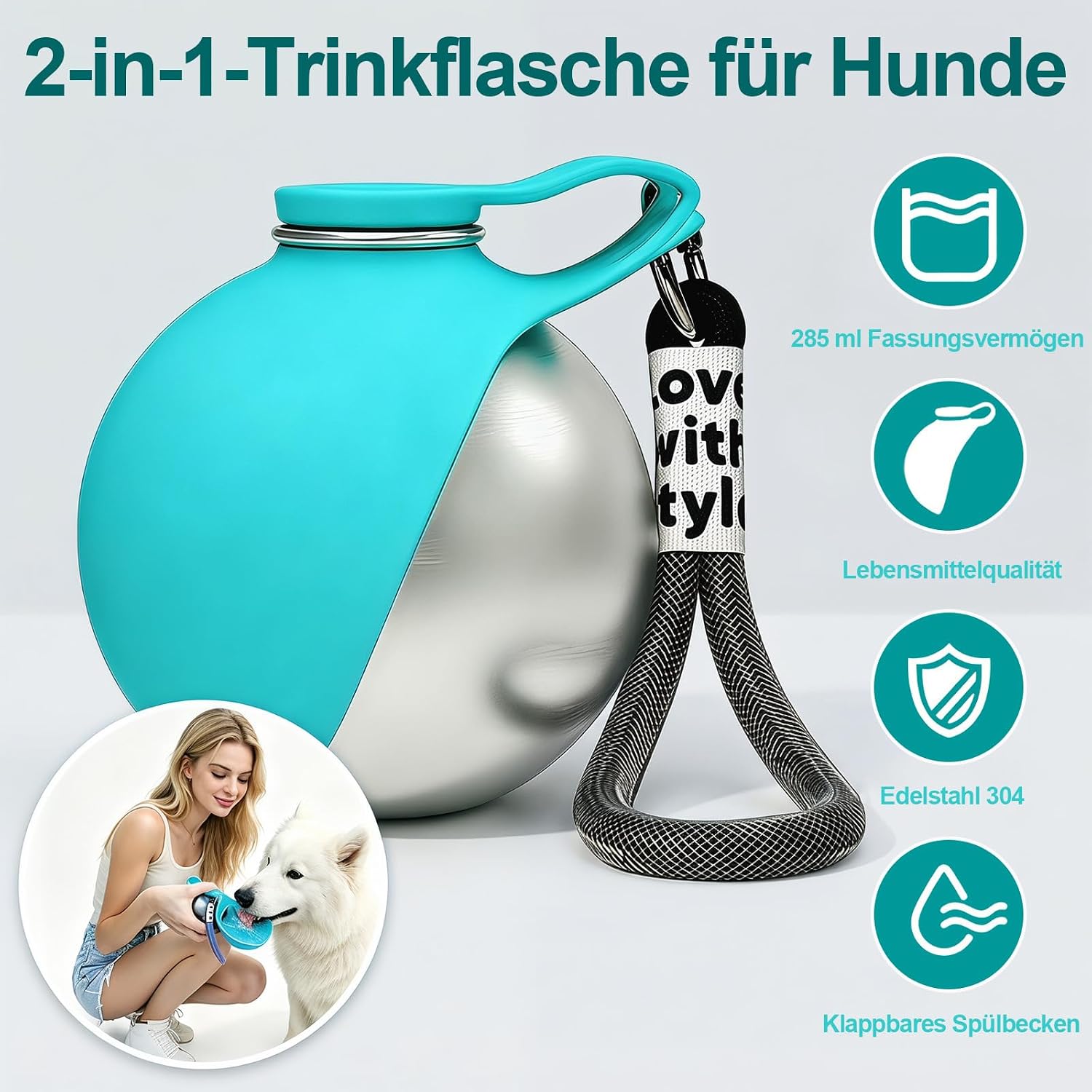 Hunde Trinkflasche 285ml aus Edelstahl mit faltbarem Silikonnapf blau