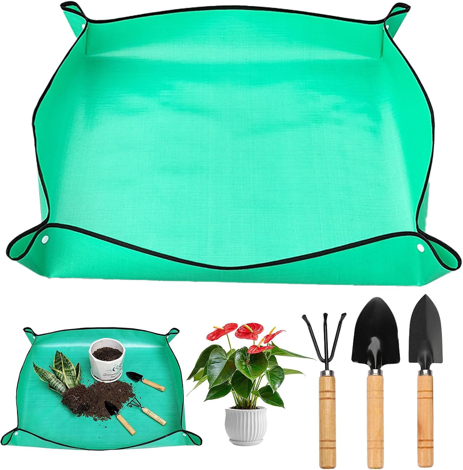 VEGCOO Pflanzmatte 100 x 100 cm wasserdichte Umtopfmatte mit Bodenlockerungswerk