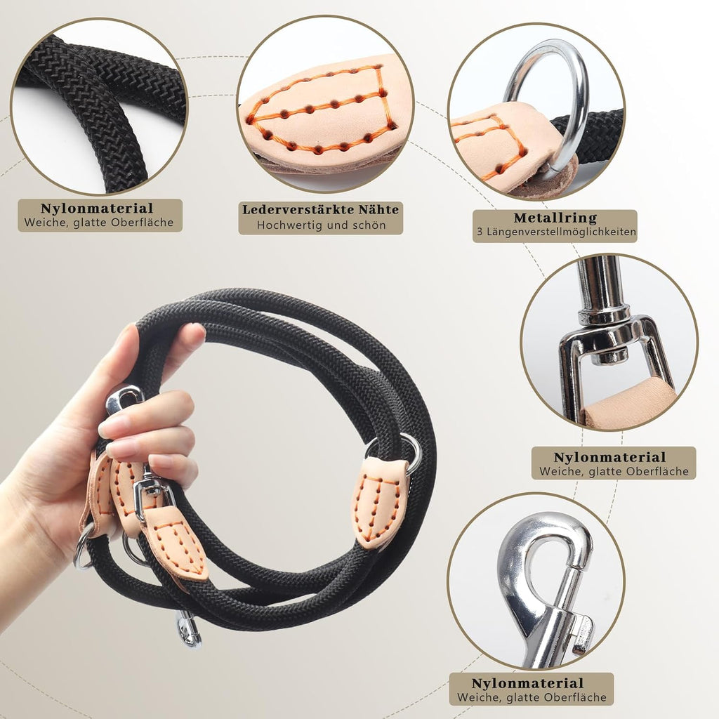 Multifunktions Hundeleine 2,1 m Nylon Beige mit 2 Karabinern fuer 2 Hunde