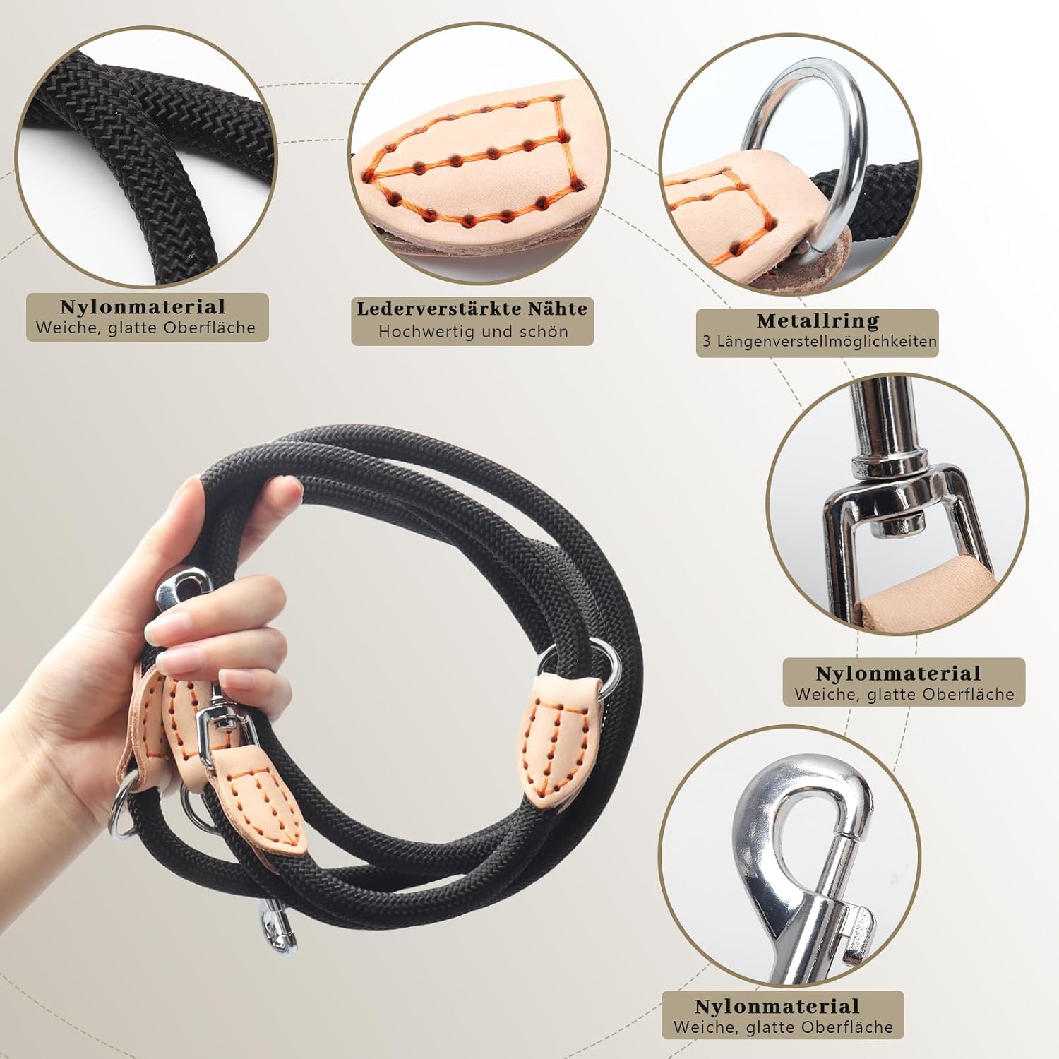 Multifunktions Hundeleine 2,1 m Nylon Beige mit 2 Karabinern fuer 2 Hunde