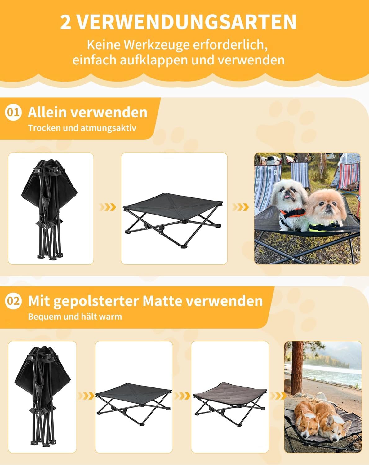 KingCamp erhoehtes Hundebett 77x77x30 cm mit Mesh Wildledermatte rutschfest 23cm