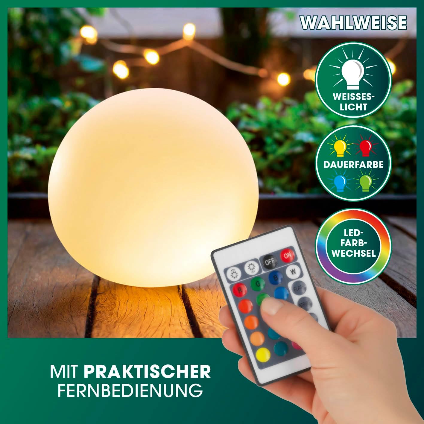 EASYmaxx Solar LED Kugelleuchte 3er-Set 12 Farben 5 Modi dimmbar 20cm-40cm