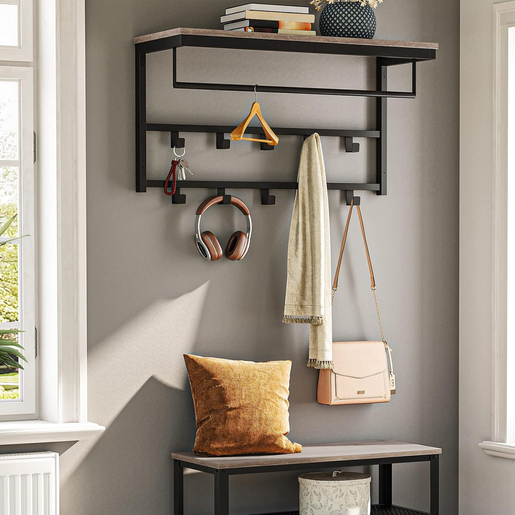 Hoobro Wandgarderobe 42cm mit Ablage und 10 Haken Industriestil