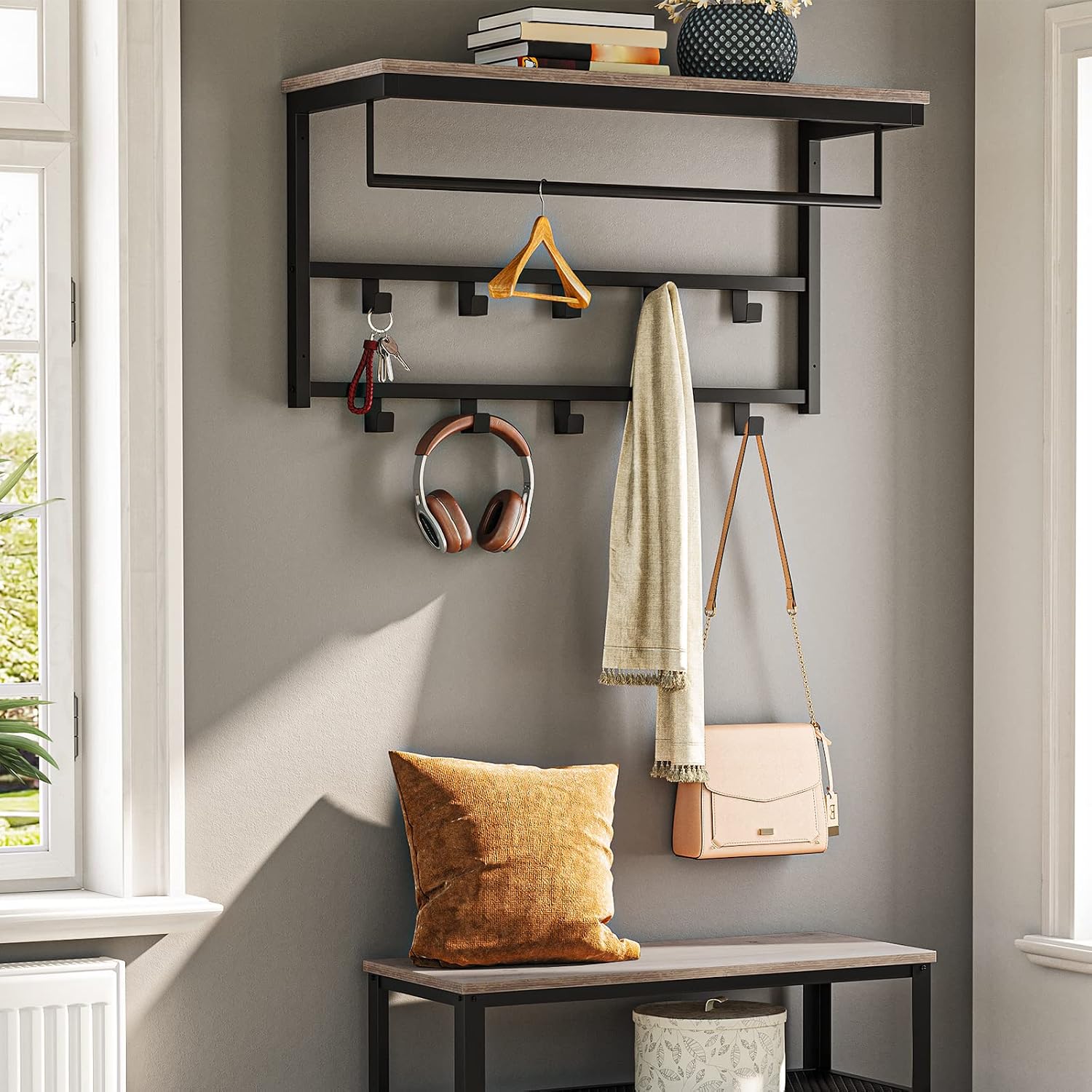 Hoobro Wandgarderobe 42cm mit Ablage und 10 Haken Industriestil