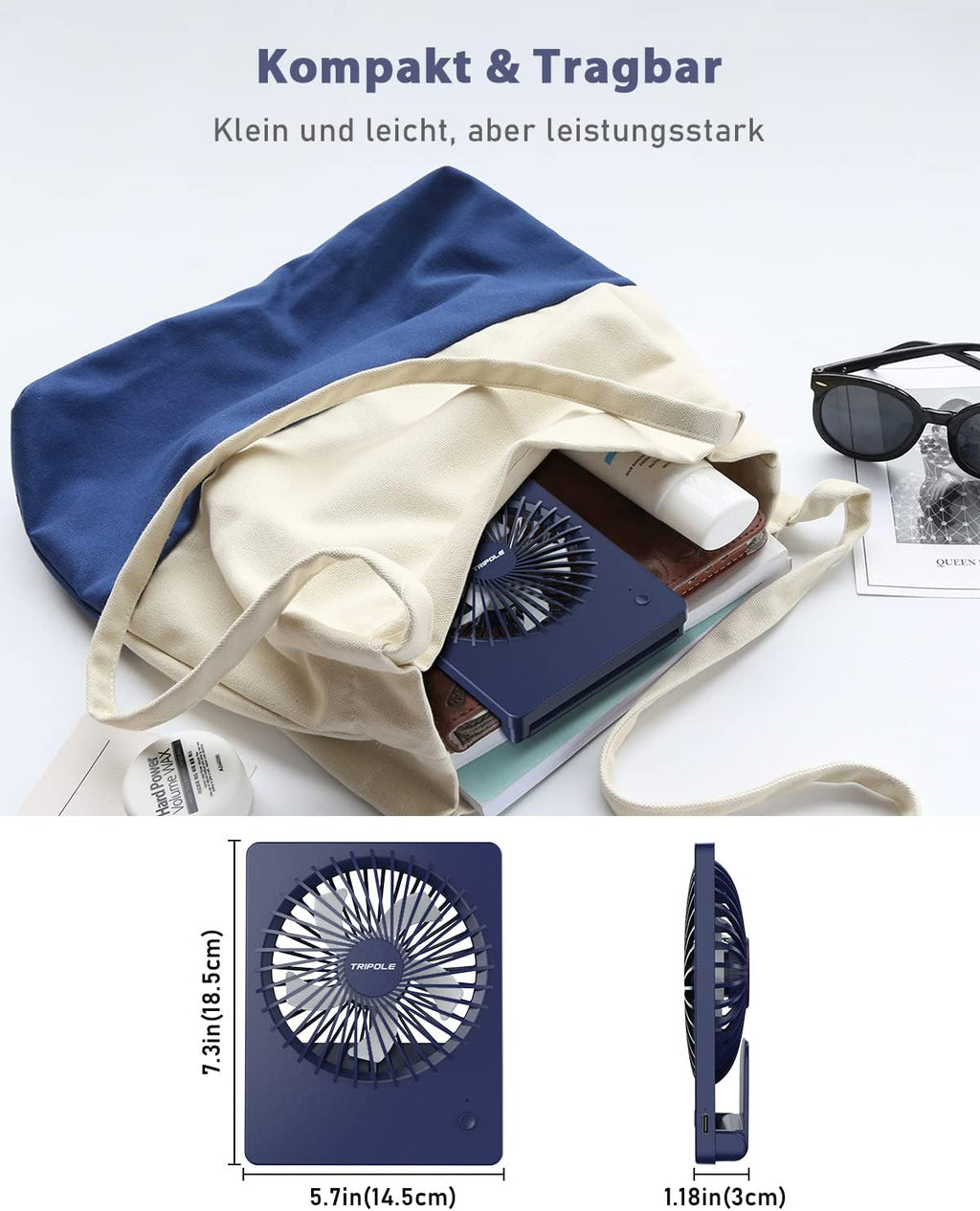 TriPole Tischventilator Akku 2000mAh, 3 Stufen, 30dB, 180° verstellbar