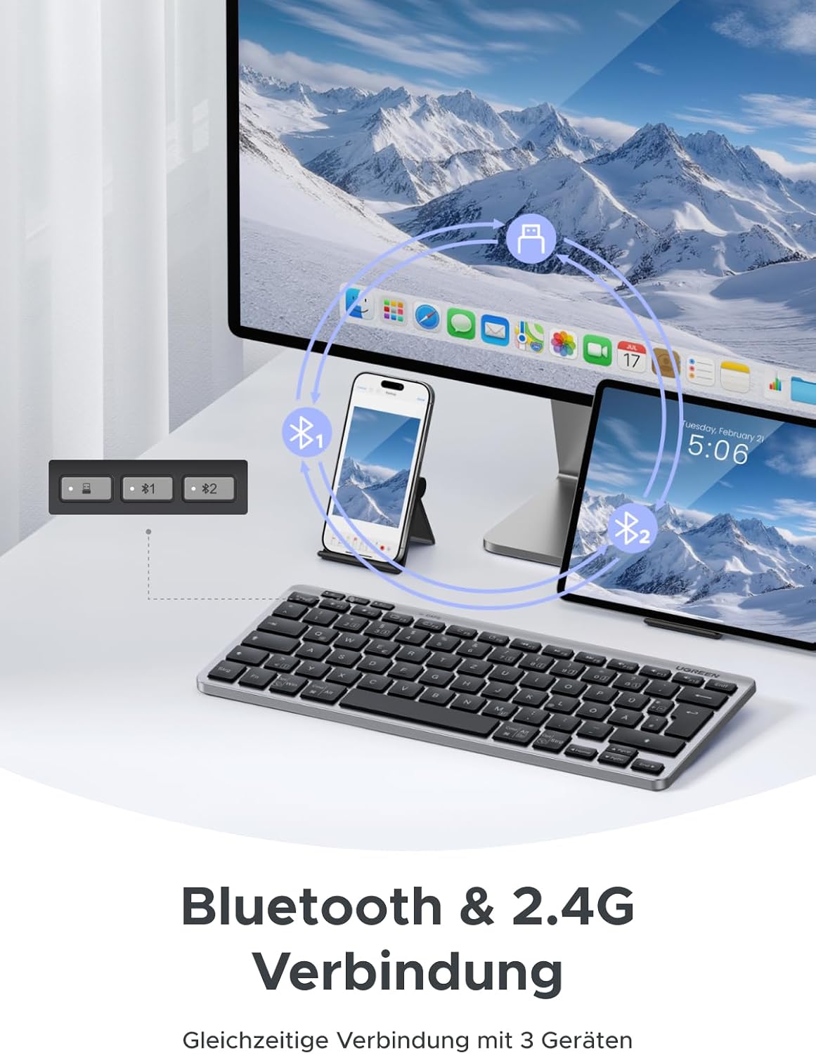 UGREEN kabellose Bluetooth Tastatur QWERTZ BT5.3 2,4 GHz leise Mini