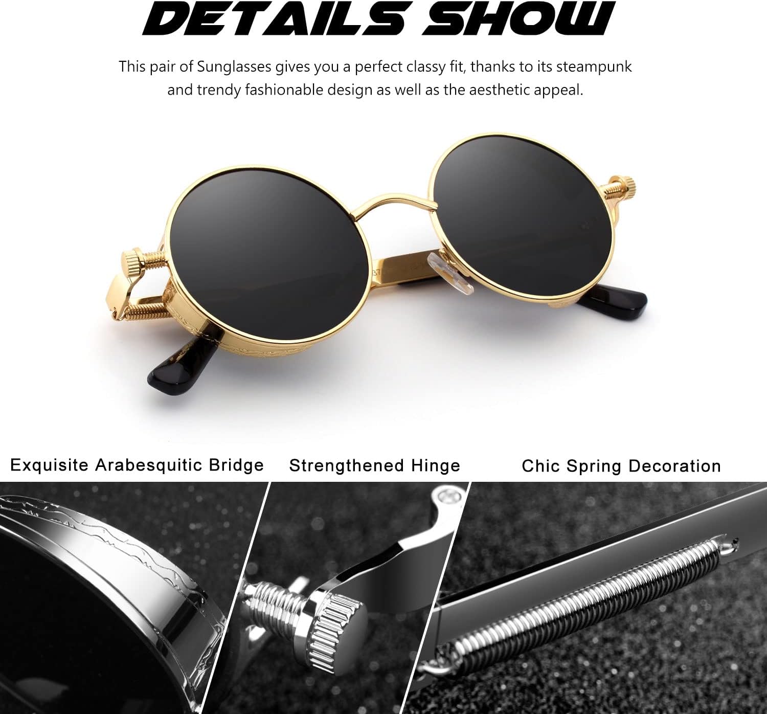 CGID Sonnenbrille rund Polarisiert UV400 Metallrahmen Retro Steampunk Unisex