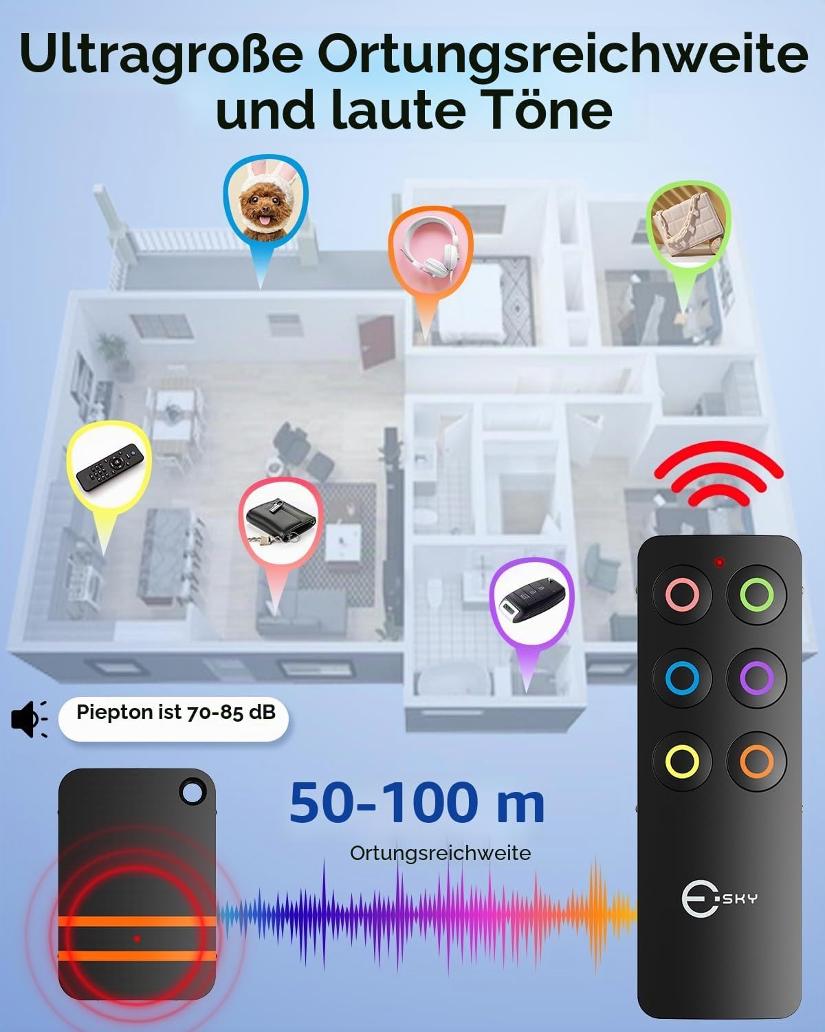 Schluesselfinder Set mit 6 Empfaengern und Pfeifton fuer Schluessel