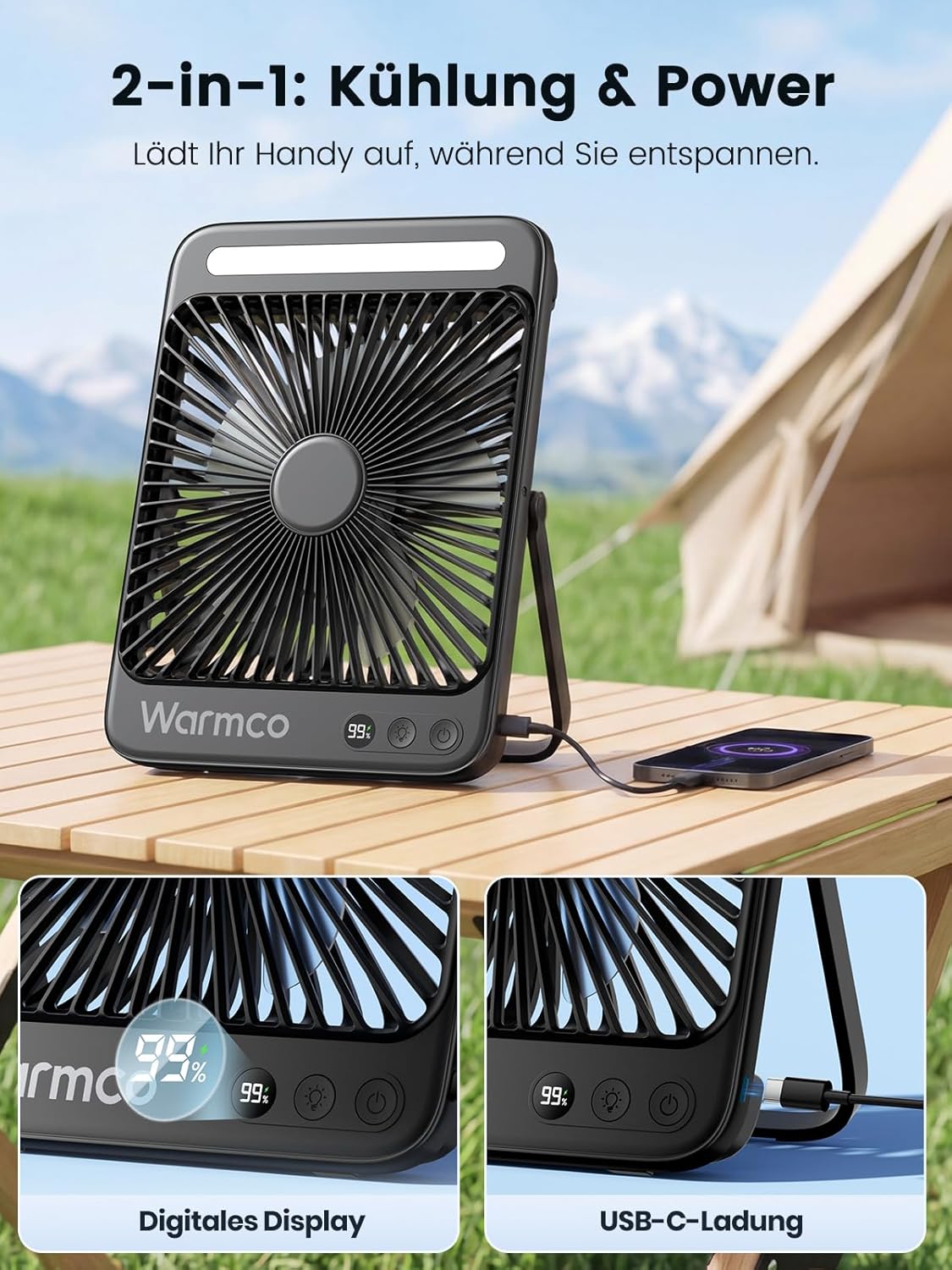 Warmco Akku-Ventilator 20000 mAh 27 cm mit Lampe, Display, Haken, USB