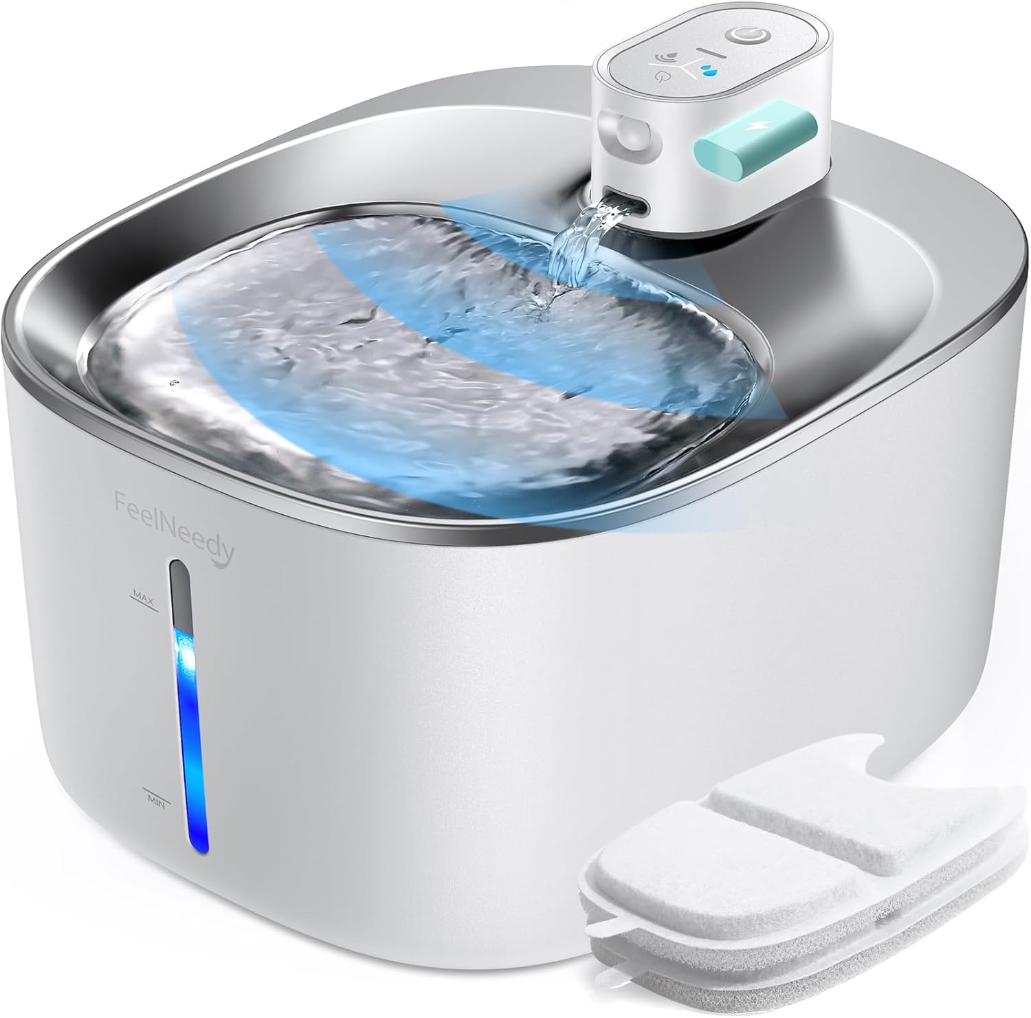 FEELNEED Katzenbrunnen kabellos 4000mAh mit Bewegungsmelder, Edelstahl