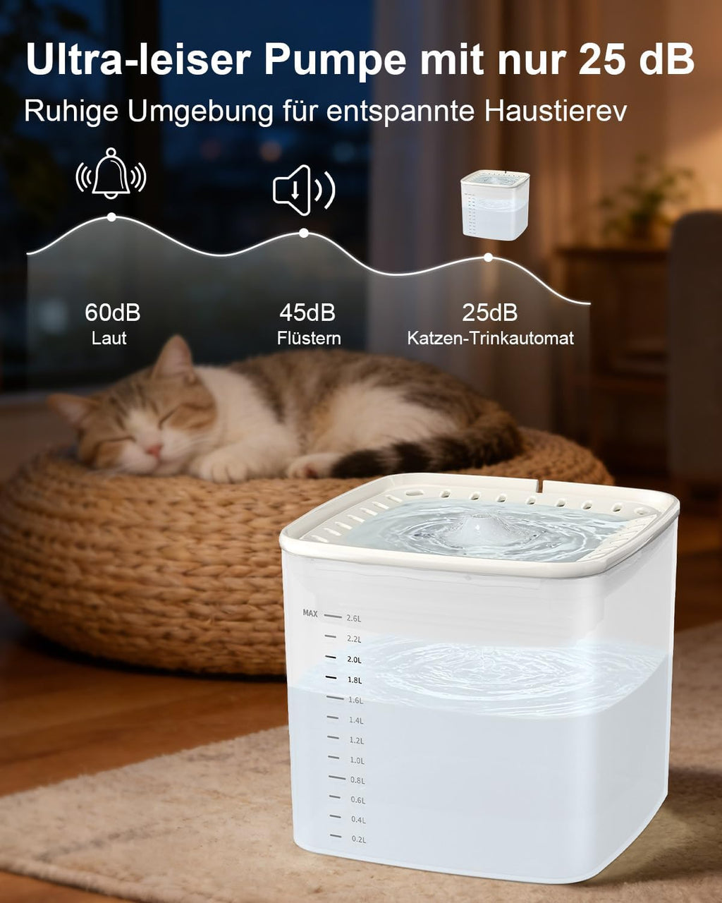 Katzen Trinkbrunnen 3L mit leisem Pumpenmotor transparentem Tank und 2 Filtern