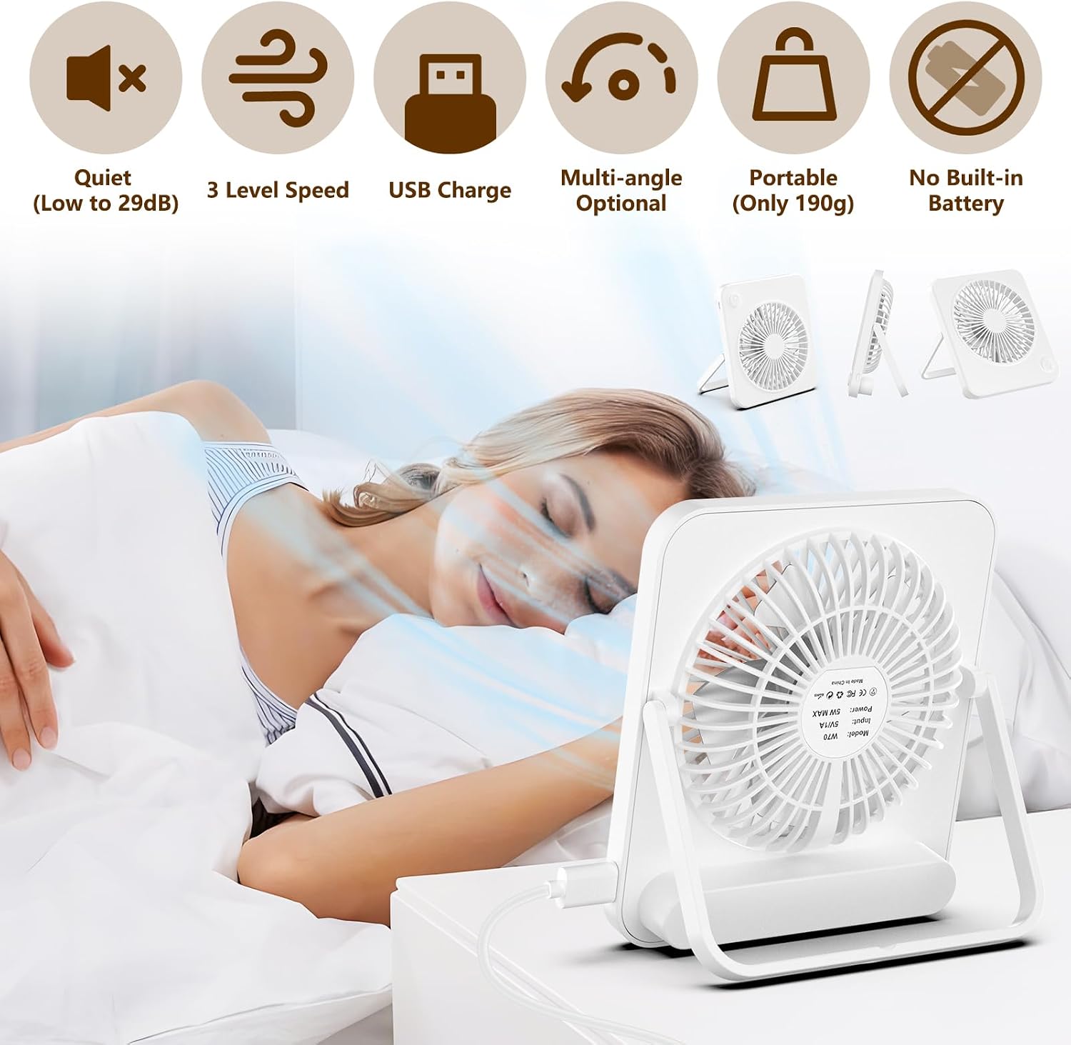 Hianjoo USB Tischventilator leise 3 Geschwindigkeiten schwarz, USB-Stromversorgu