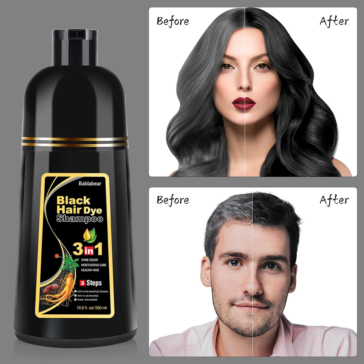 Haarfaerbeshampoo Schwarz 3‑in‑1 fuer Maenner und Frauen graues Haar