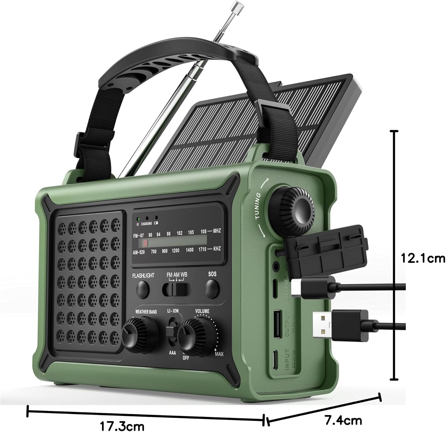 ROCAM Notfallradio 12000mAh mit Solarpanel, Kurbel, AM/FM, USB, SOS-Licht