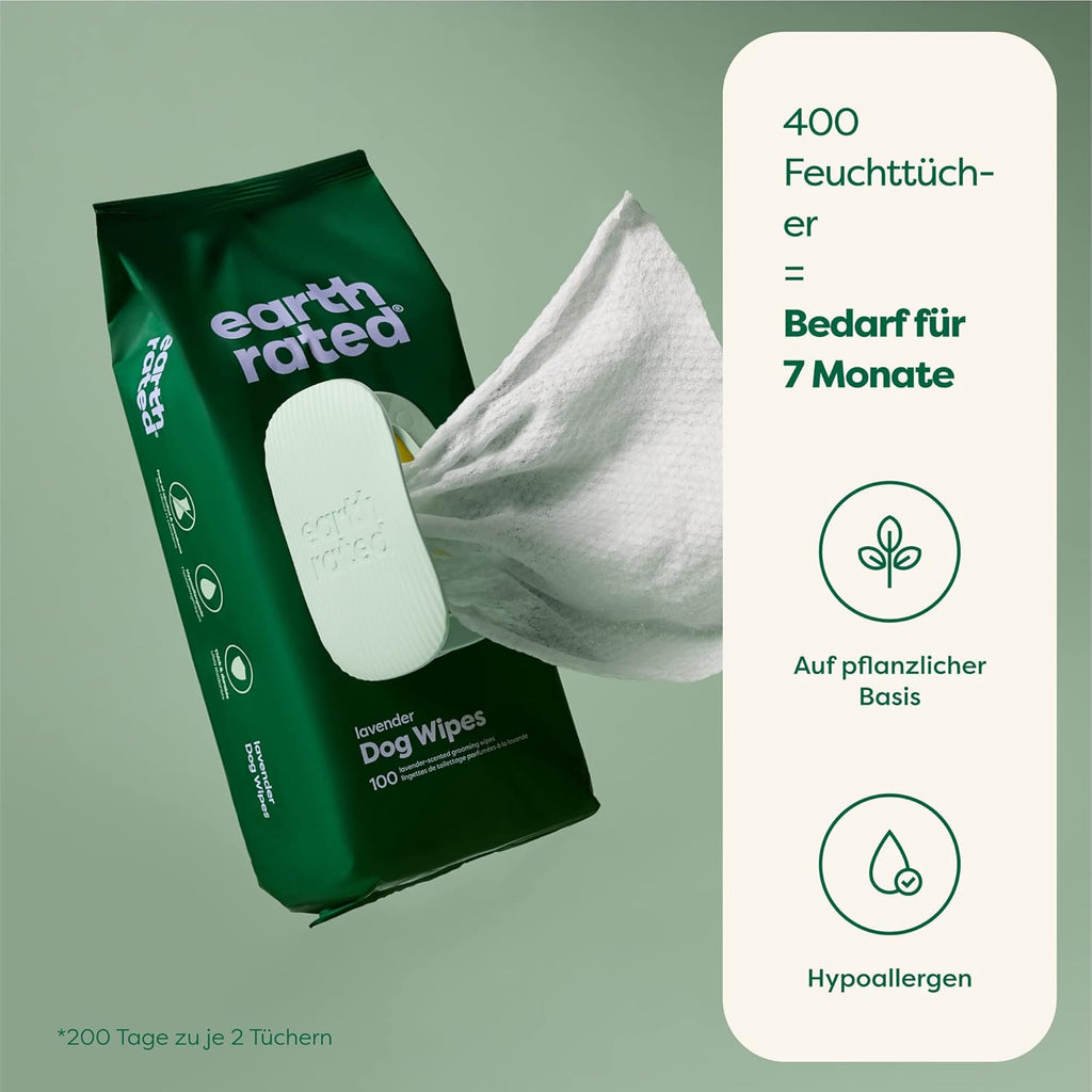 Earth Rated Pflegetuecher fuer Hunde Lavendel Duft 400 Stueck dicke Tuecher