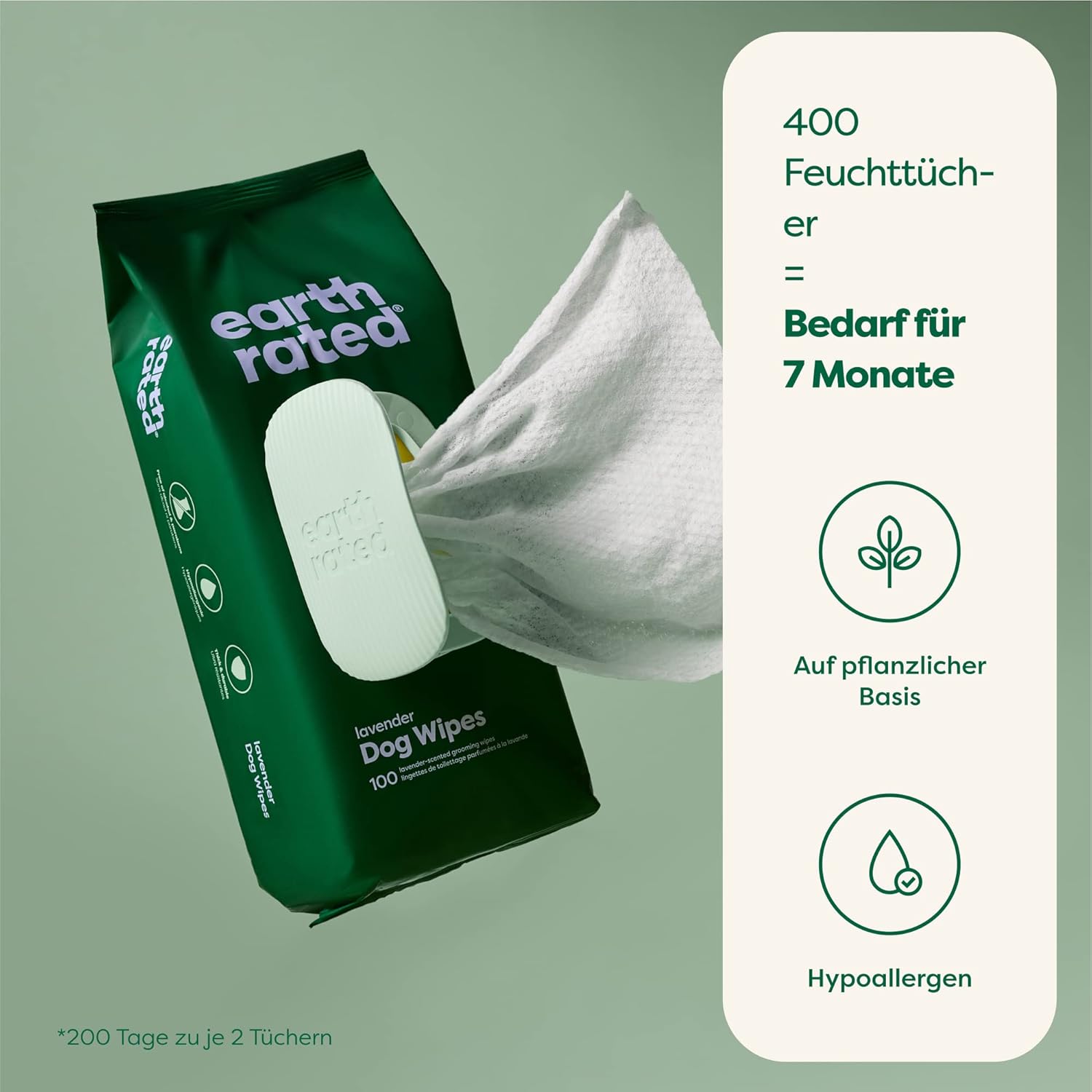 Earth Rated Pflegetuecher fuer Hunde Lavendel Duft 400 Stueck dicke Tuecher