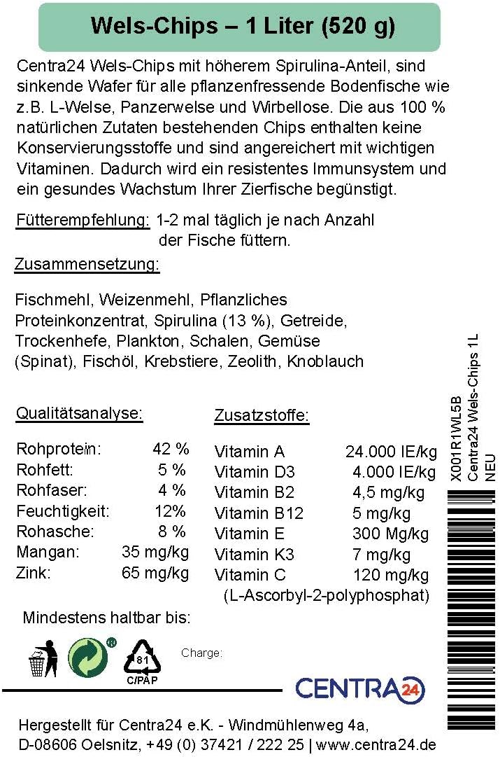 Centra24 Wels-Chips 1 l - Formstabile Wafer mit Spirulina & Vitaminen, Welsfutte