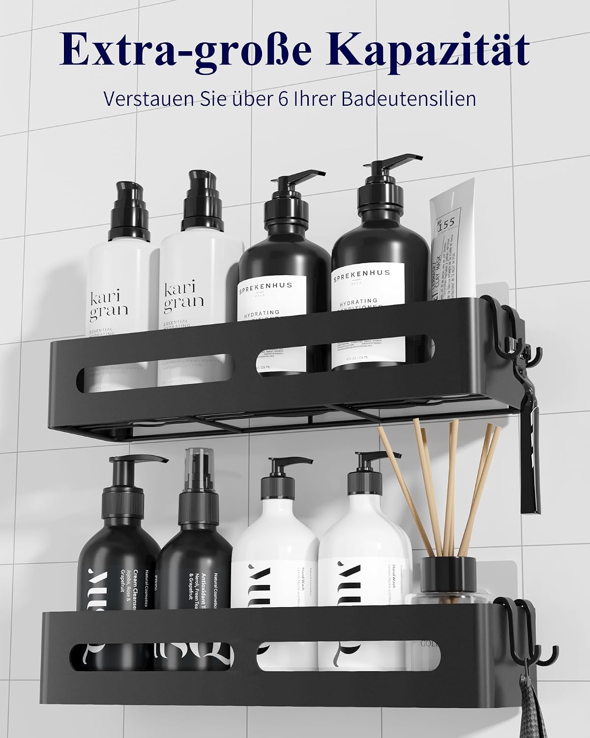 Duschregal ohne Bohren Wandregal Bad 2er Pack Schwarz Ablage