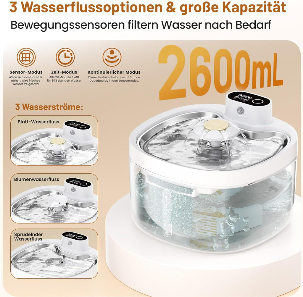 Katzenbrunnen 2,6L mit 4 Filtern 4000mAh Akku leise und batteriebetrieben