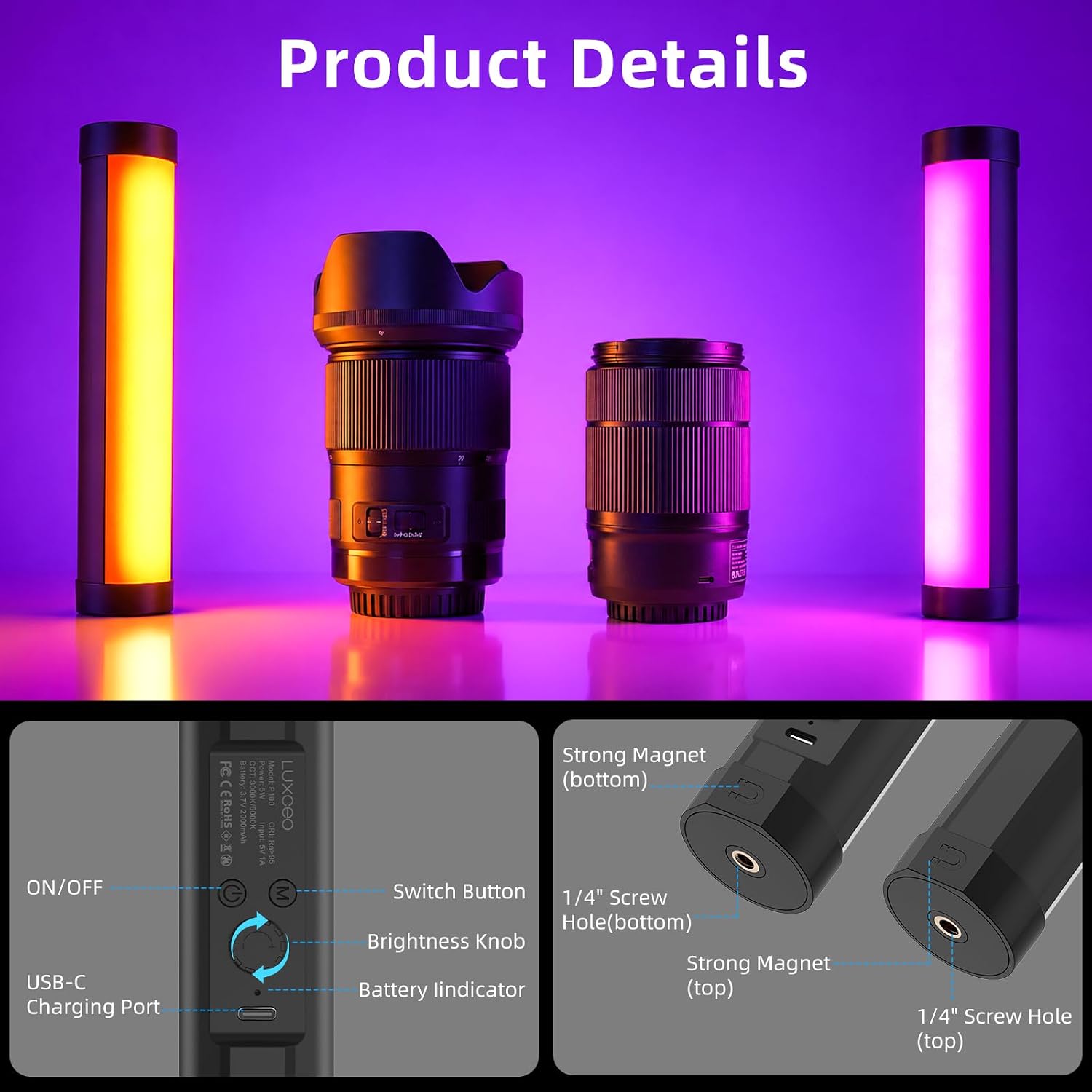 P100 LED Videoleuchte RGB 2000-6000K Mini tragbar Fotografie Video TikTok