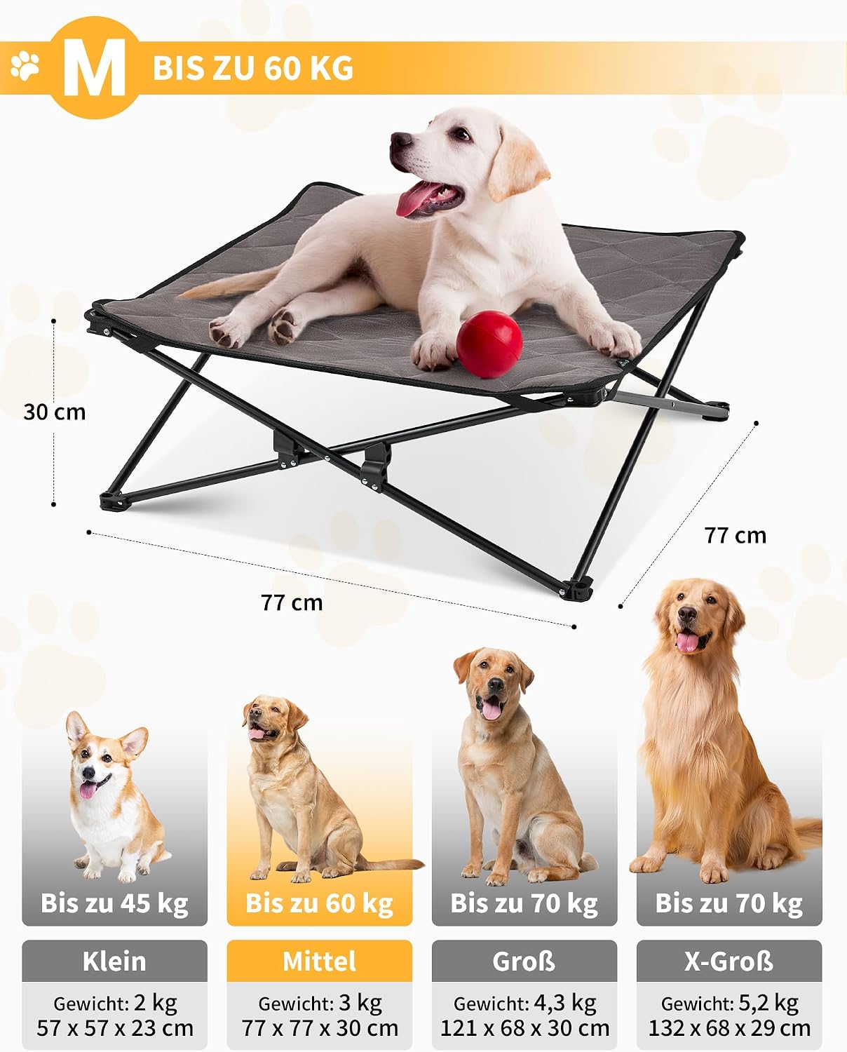 KingCamp erhoehtes Hundebett 77x77x30 cm mit Mesh Wildledermatte rutschfest 23cm