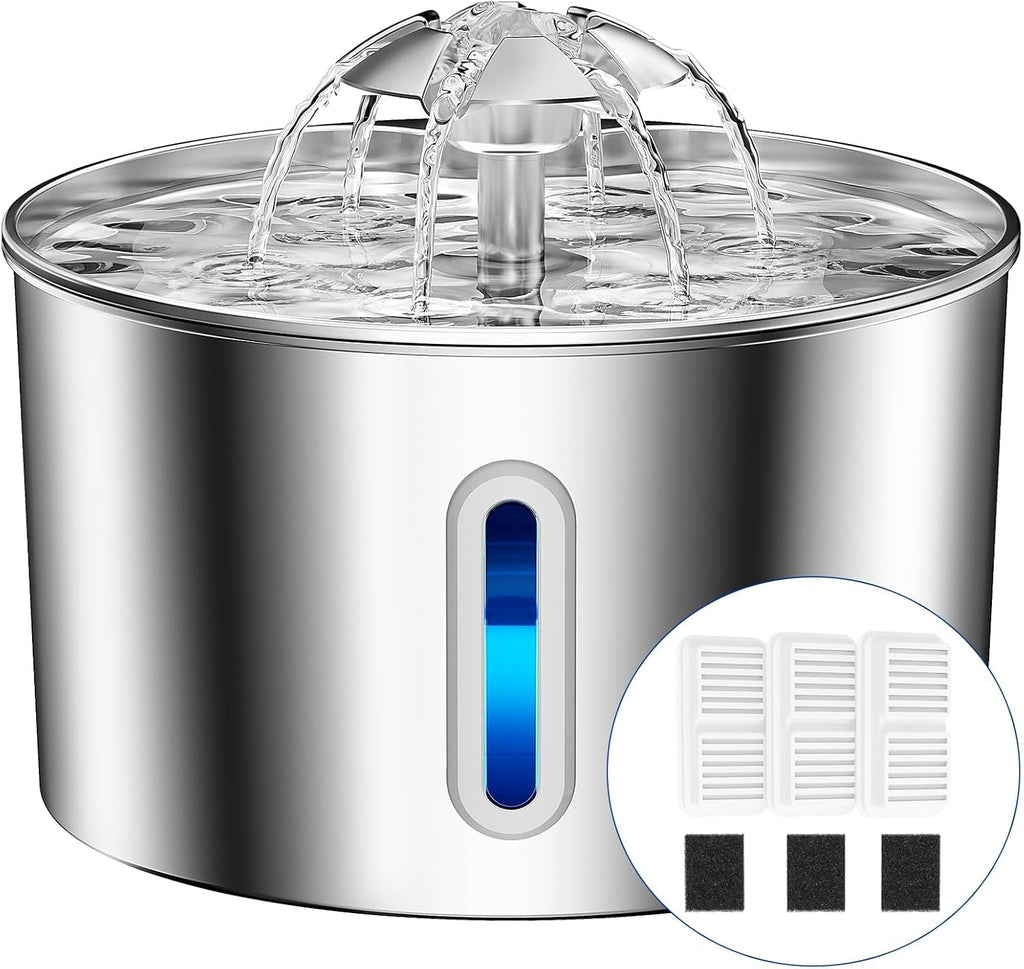 Edelstahl Katzenbrunnen leise mit 4‑fach Filtersystem, LED, Aktivkohle