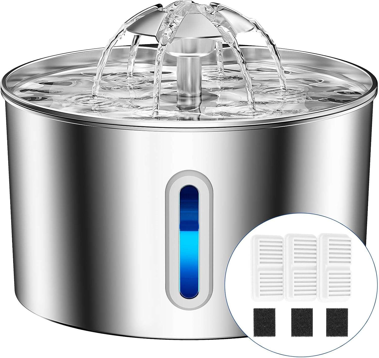 Edelstahl Katzenbrunnen leise mit 4‑fach Filtersystem, LED, Aktivkohle