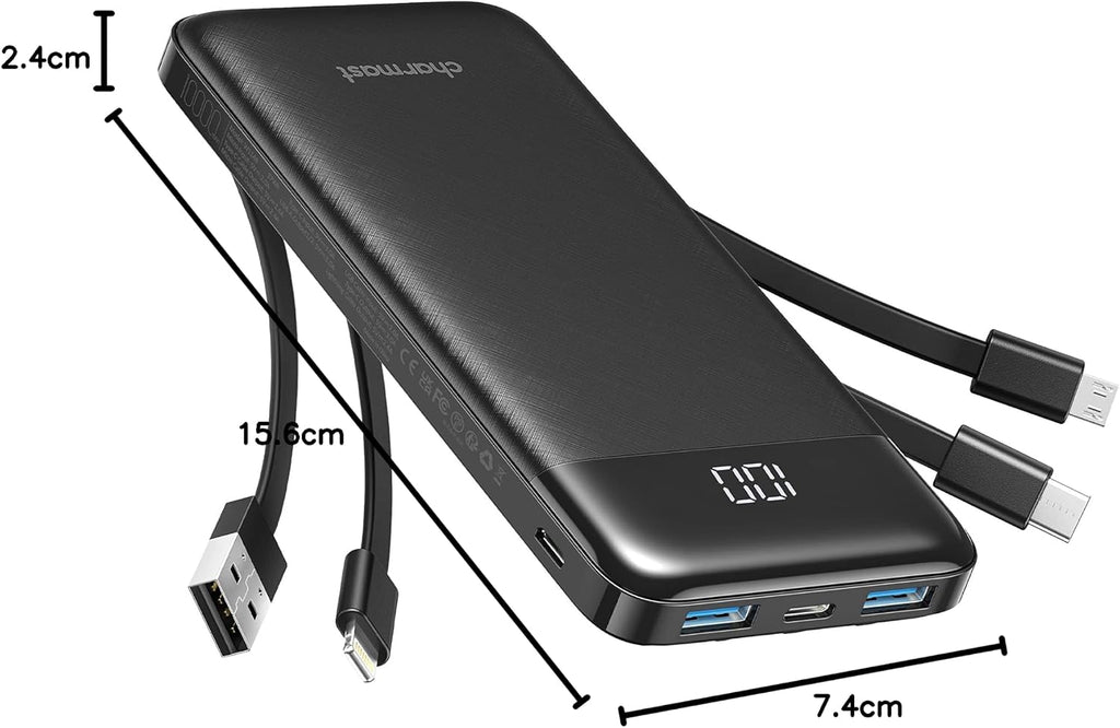 Charmast Powerbank 10000 mAh Slim mit LED-Display, 6 Ausgaenge, USB-C