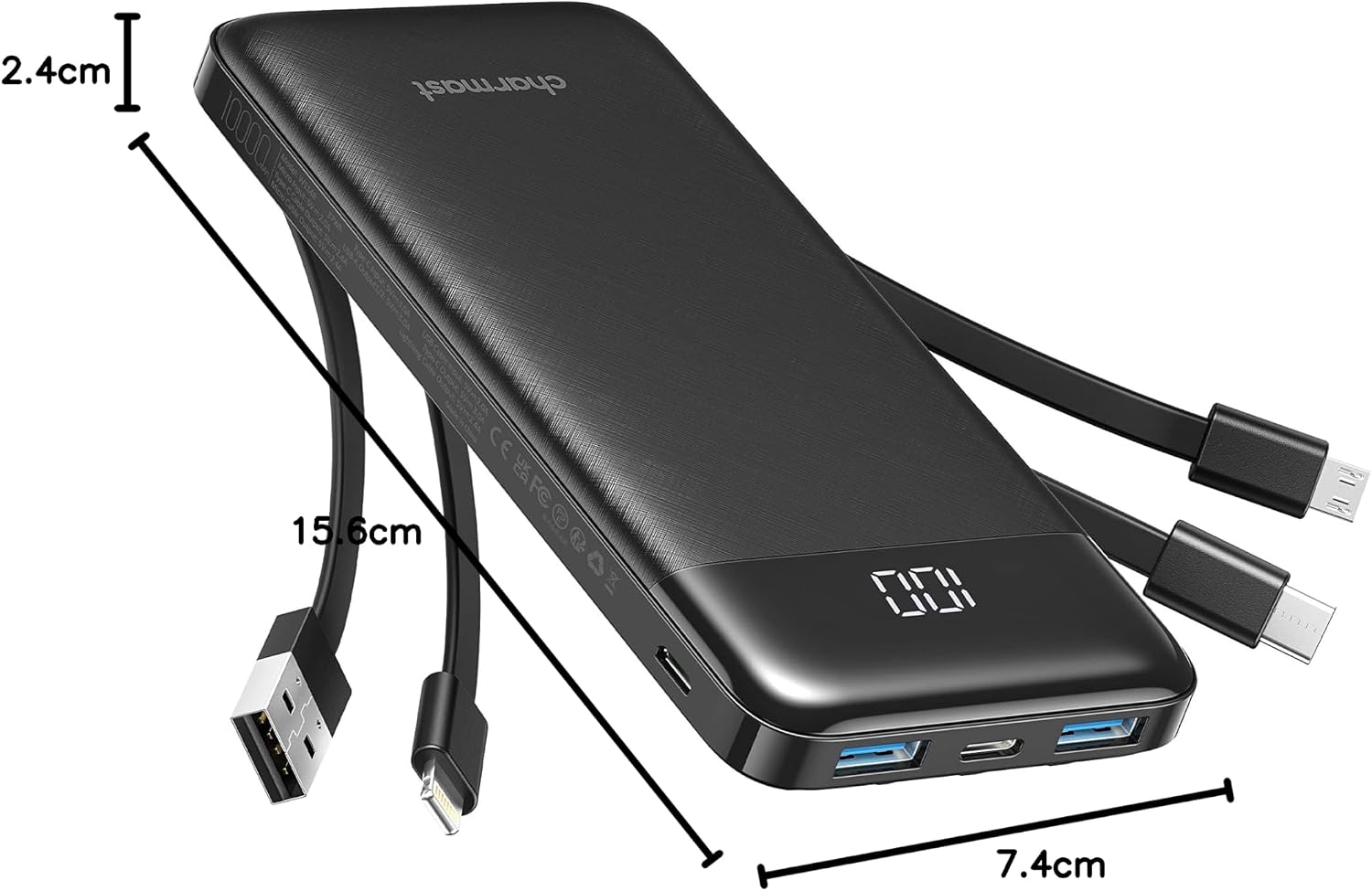 Charmast Powerbank 10000 mAh Slim mit LED-Display, 6 Ausgaenge, USB-C