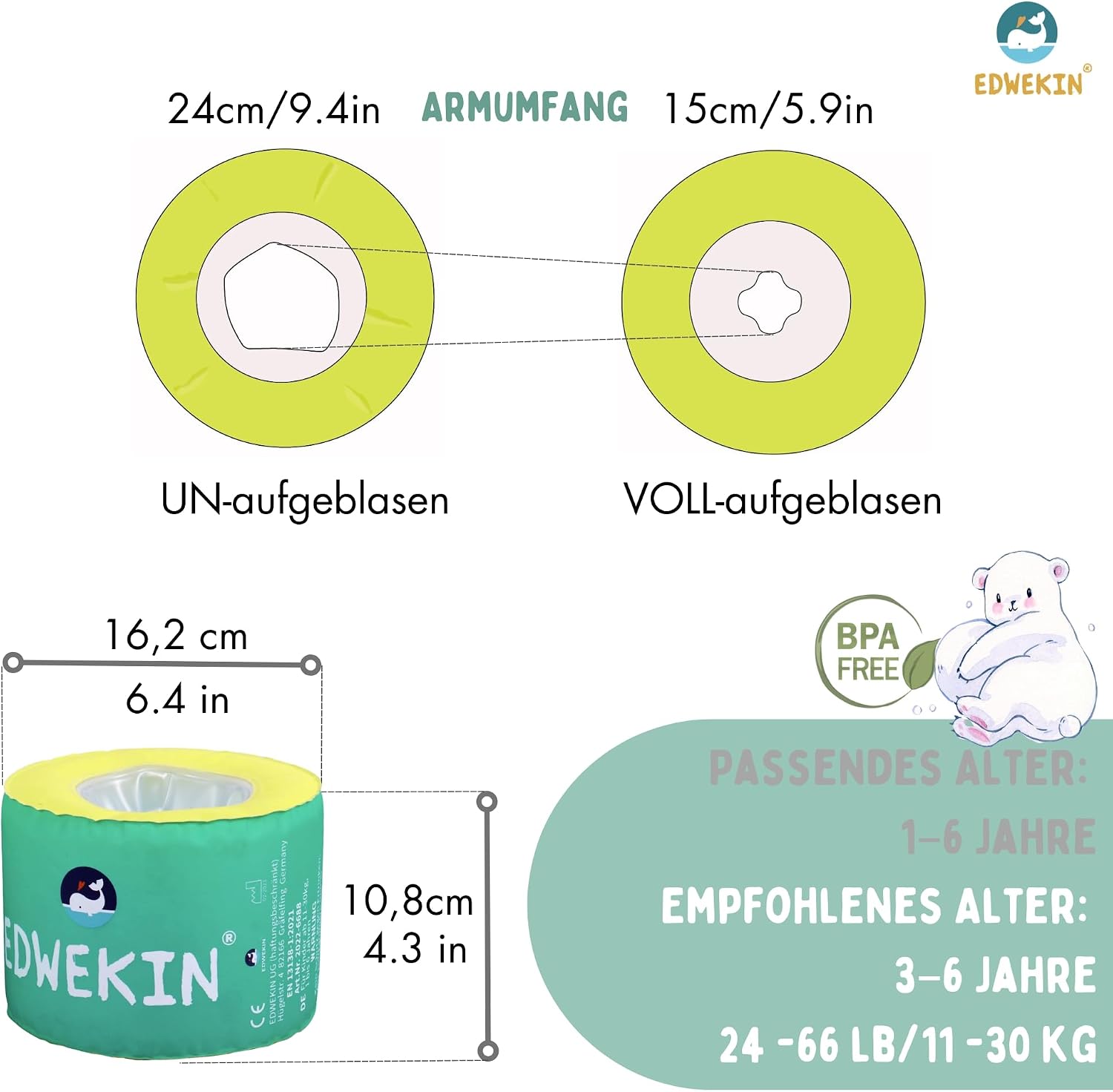 EDWEKIN Schwimmfluegel Kinder 1-6 Jahre TUeV/GS BPA-frei Groesse