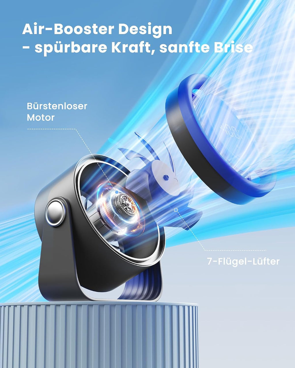 Gaiatop Akku Tischventilator USB 5 Stufen 360° neigbar Touch-Display Schwarz