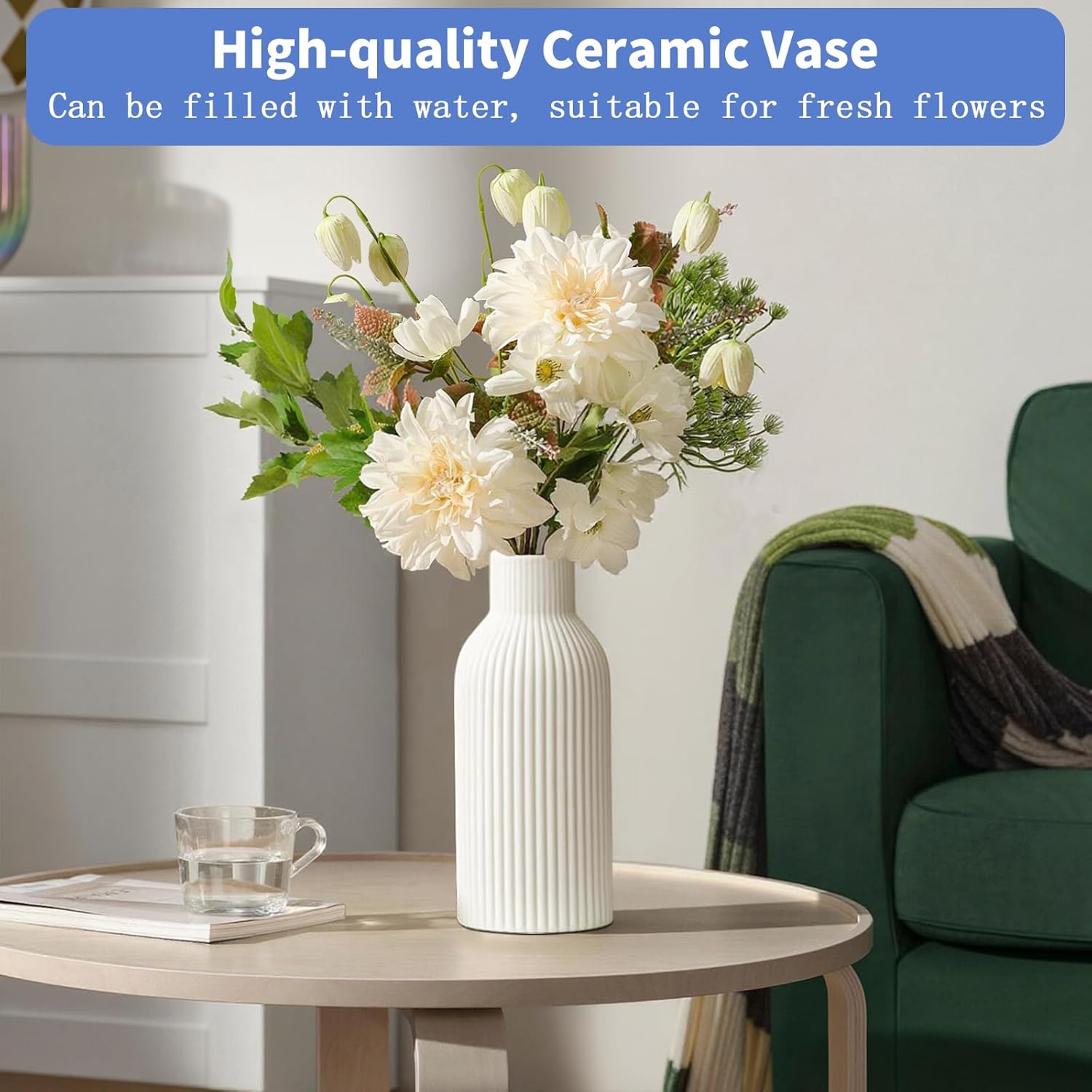 Keramikvase 20 cm hoch - kleine Dekovase fuer Pampasgras, Esstisch, Buecherregal