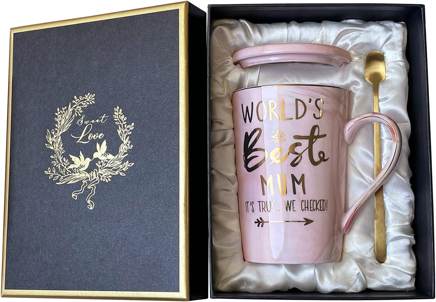 Tasse rosa Marmor mit Deckel Loeffel Geschenkbox Muttertag