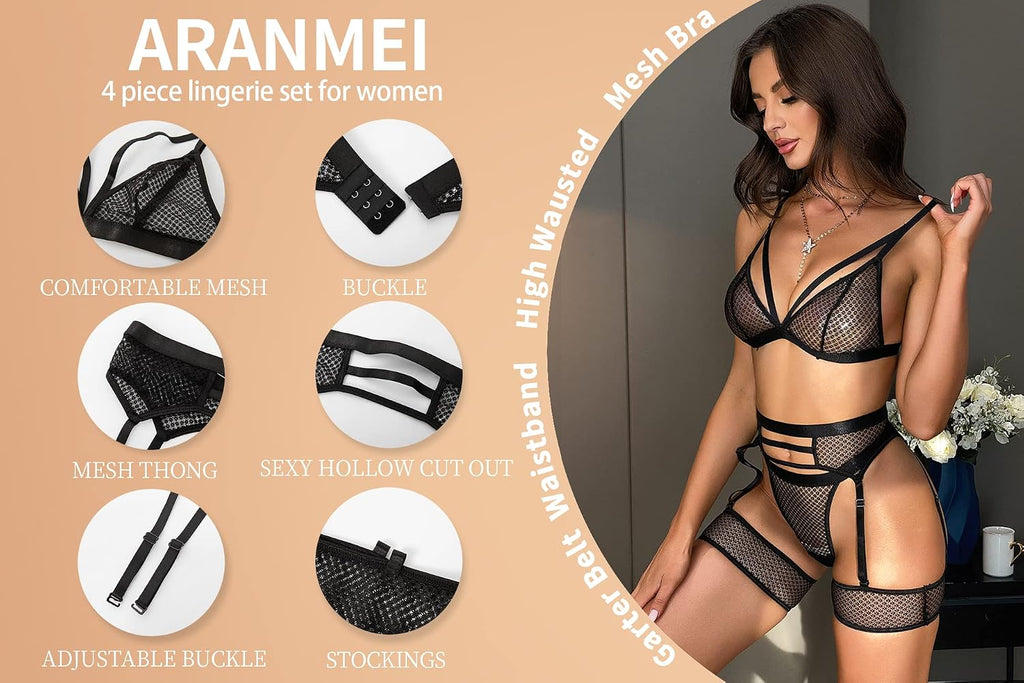 Damen Dessous Set 4-teilig mit Strumpfguertel und Strapsguertel S-XL