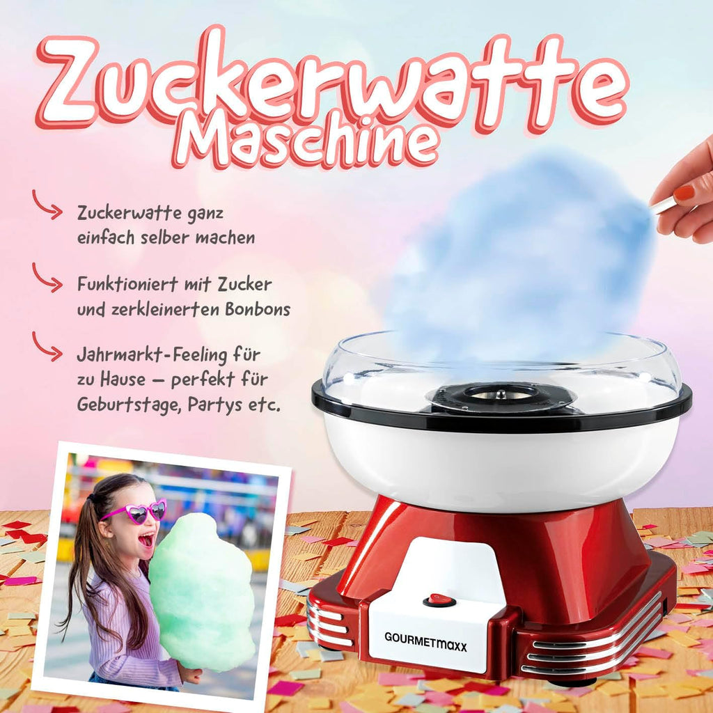 GOURMETmaxx Zuckerwattemaschine Retro mit Staebchen und Messloeffel Rot Weiss