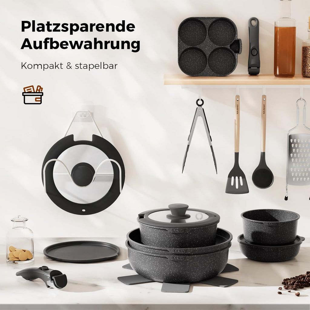 YASHE Topf- und Pfannenset 20-teilig mit abnehmbaren Griffen Induktion Grau
