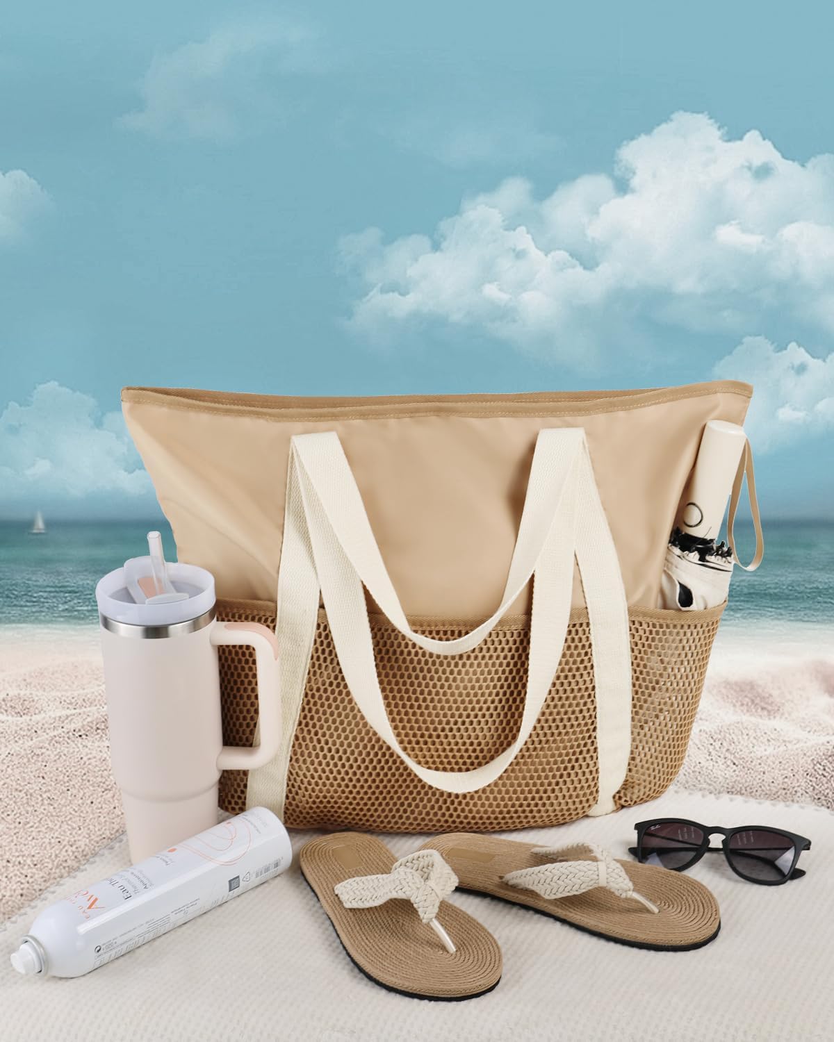 HOMESPON Strandtasche gross mit Reissverschluss, wasserabweisend, Netzfach