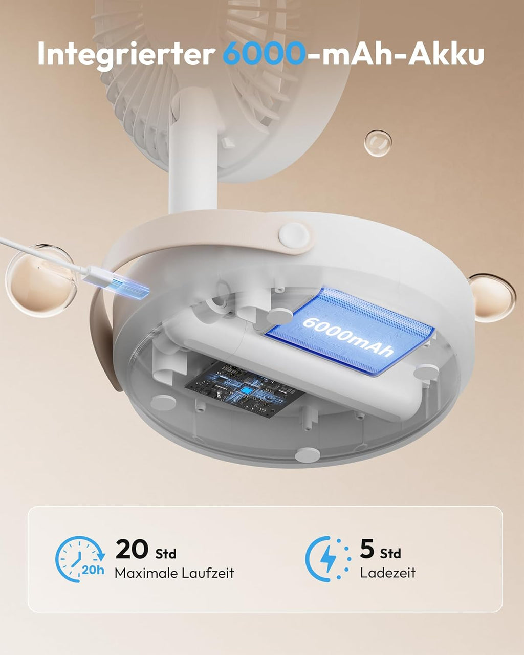 Gaiatop 17 cm Faltbarer Tischventilator 6000 mAh Akku USB leise mit Nachtlicht