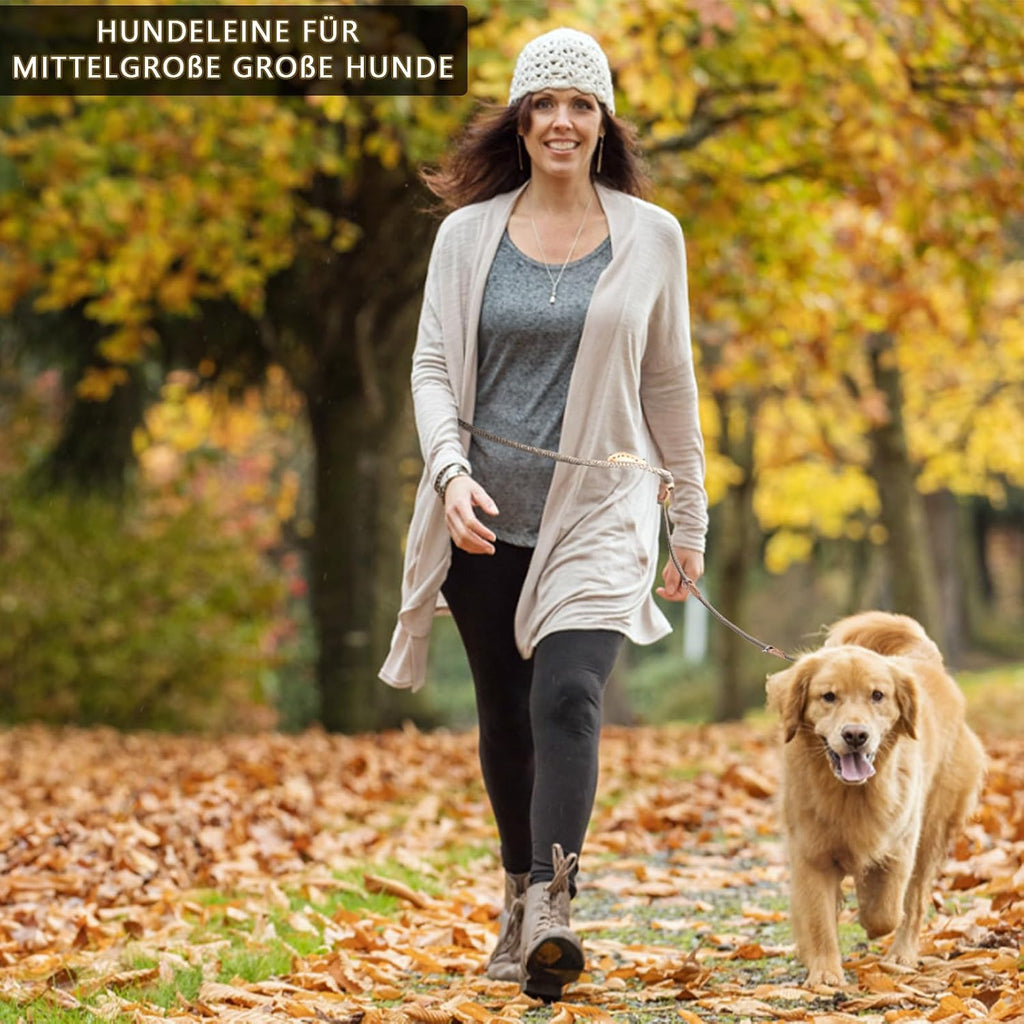 Multifunktions Hundeleine 2,1 m Nylon Beige mit 2 Karabinern fuer 2 Hunde