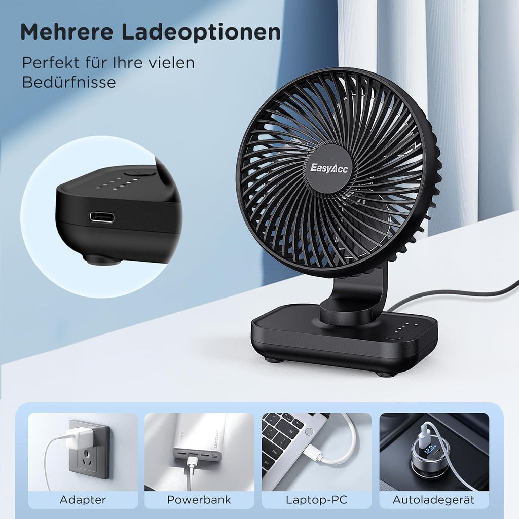 EasyAcc Tischventilator USB Akku 4000 mAh, tragbar, 4 Stufen, schwarz