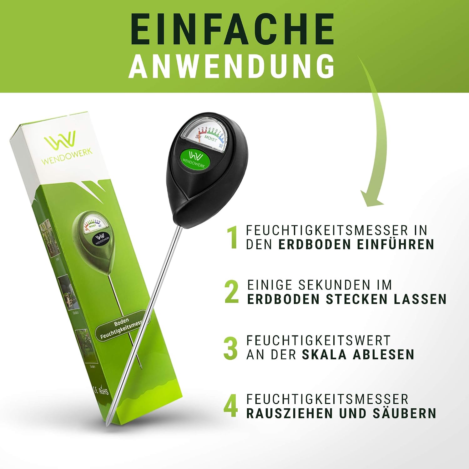 Wendowerk Bodenfeuchtemesser Pflanze gruen/schwarz ohne Batterie Analoger Tester
