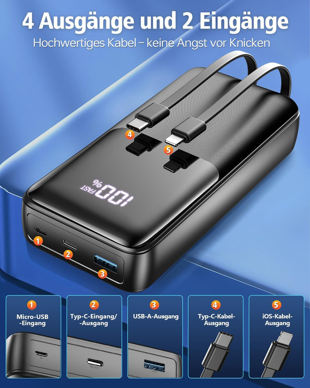 Powerbank 40000 mAh 22,5 W PD USB-C Schnellladung 3 Anschluesse 2 Kabel