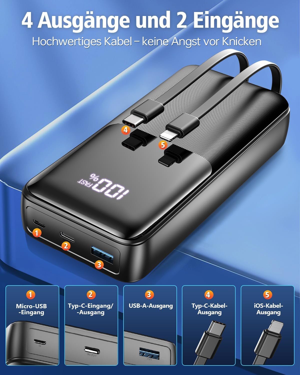 Powerbank 40000 mAh 22,5 W PD USB-C Schnellladung 3 Anschluesse 2 Kabel