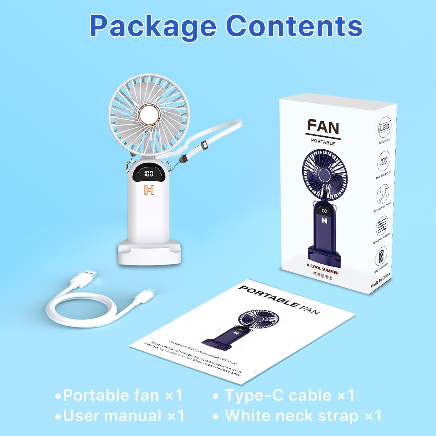 Tragbarer Mini Handventilator Akku USB wiederaufladbar faltbar Weiss